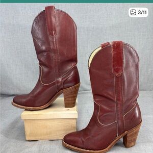 Vintage Frye Heeled Boots Brown Red Leather Pull On Cowboy Women's Size 6 B